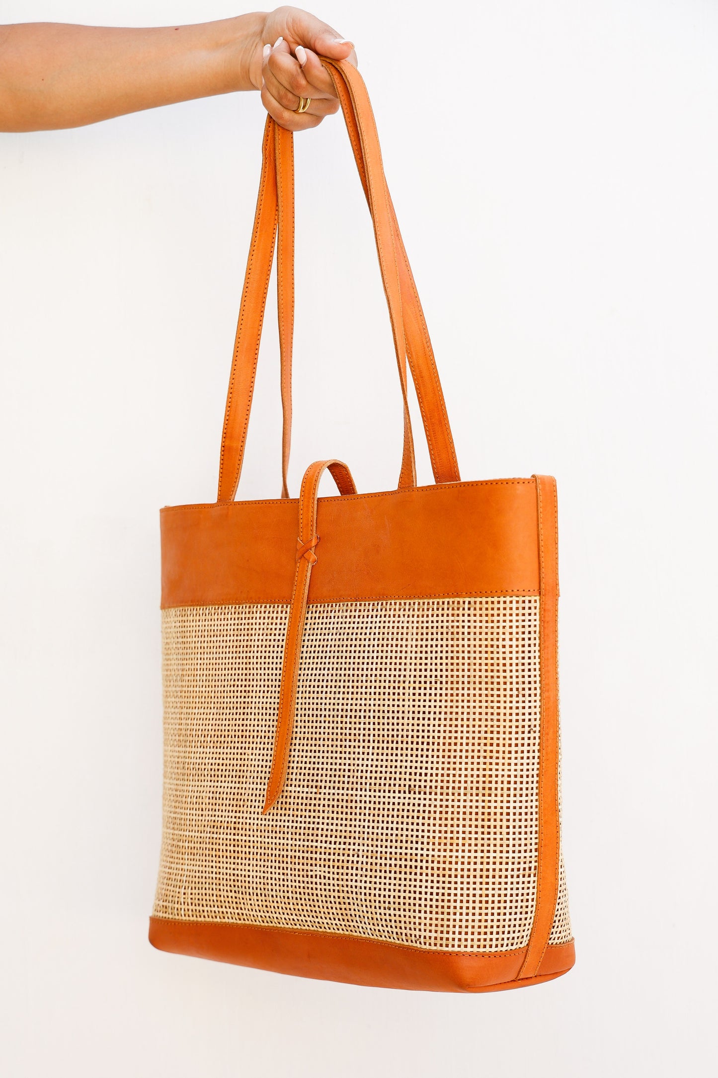 Handmade Rattan Tote Bag | Tan Leather & Natural Rattan | Venice