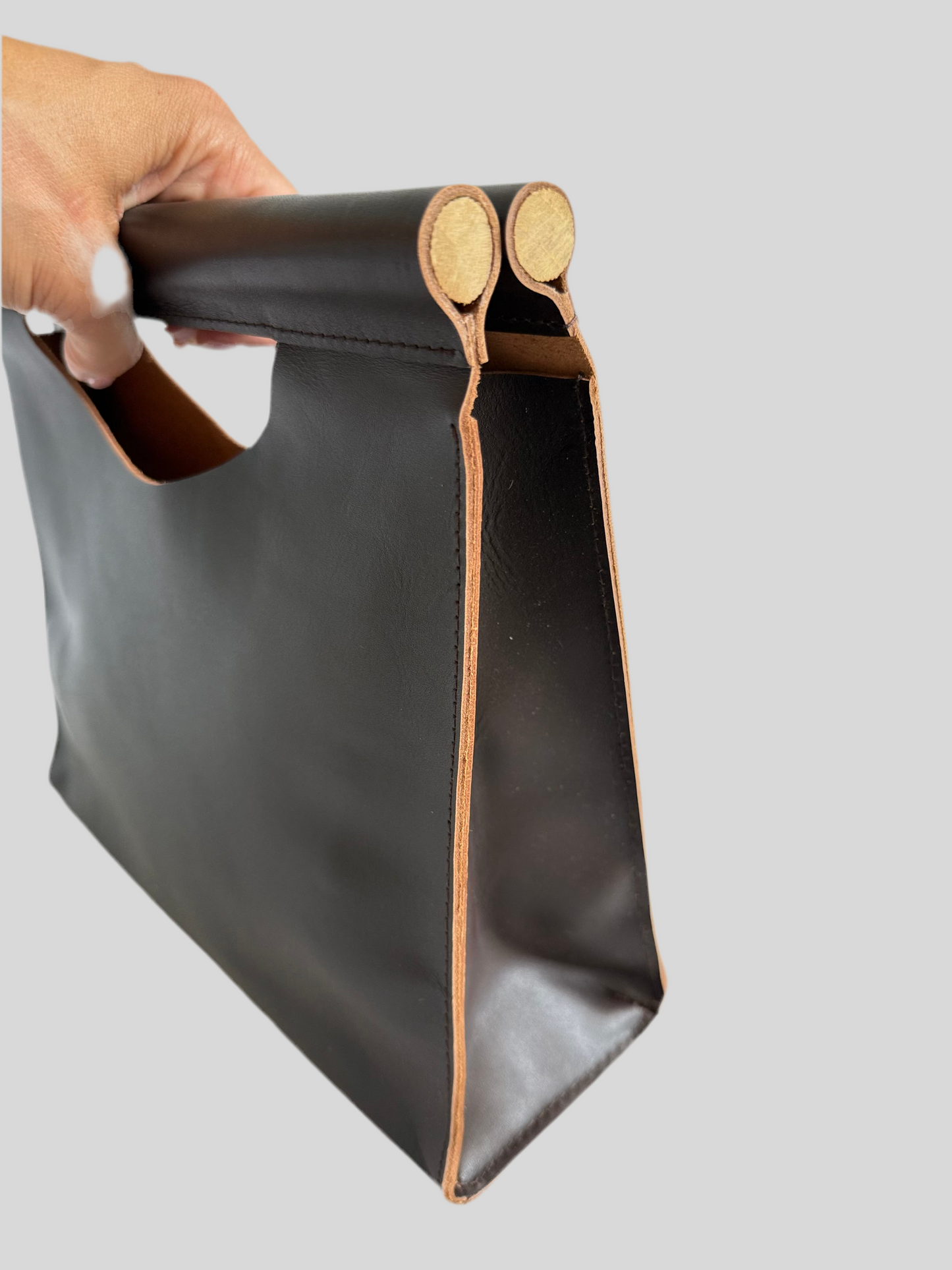 Minimalist Leather Clutch with Wooden Handle – Soleh | Handmade Cowhide Bag | Black or Brown