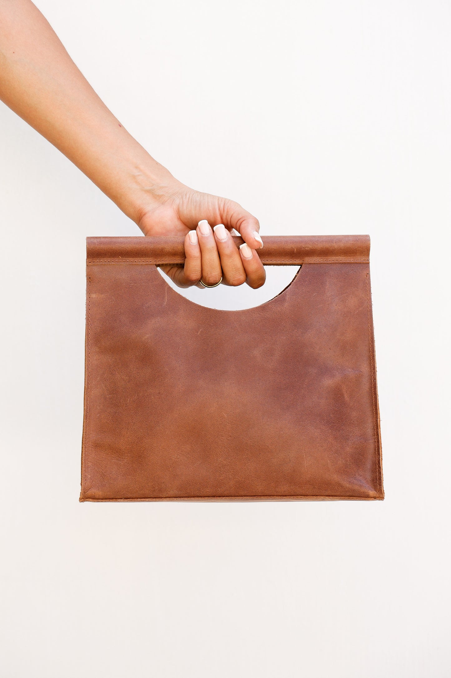 Minimalist Leather Clutch with Wooden Handle – Soleh | Handmade Cowhide Bag | Black or Brown