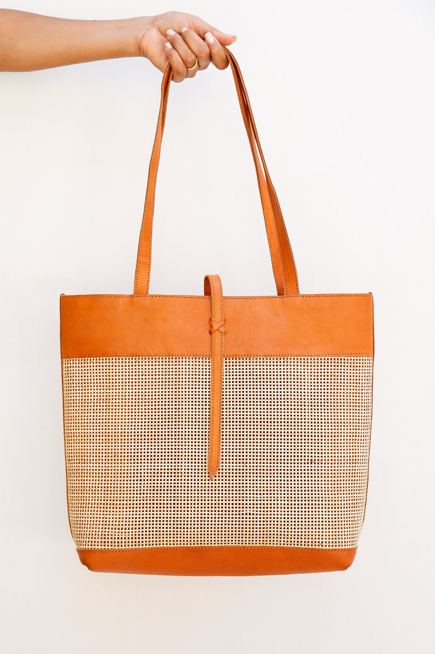 Handmade Rattan Tote Bag | Tan Leather & Natural Rattan | Venice