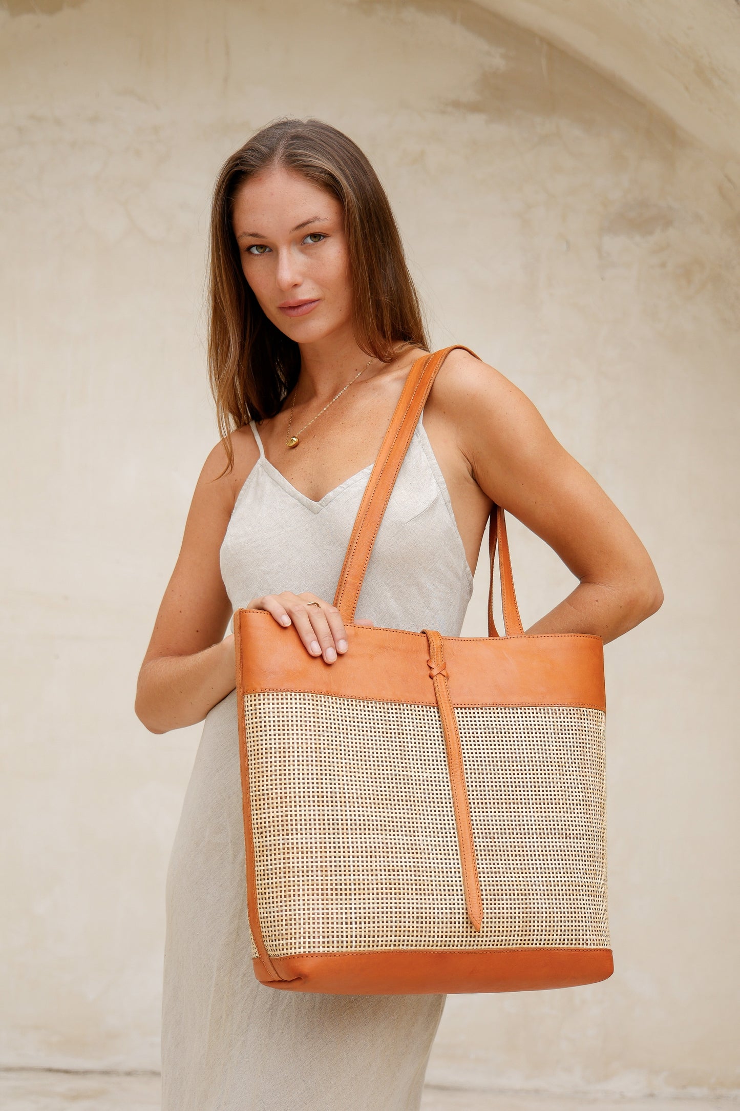 Handmade Rattan Tote Bag | Tan Leather & Natural Rattan | Venice