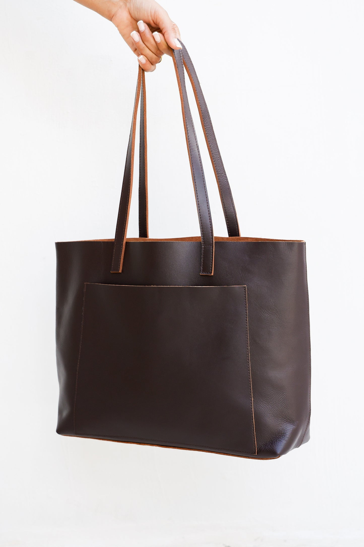 Handmade Leather Tote Bag – Large Cowhide Shoulder Bag with Pocket