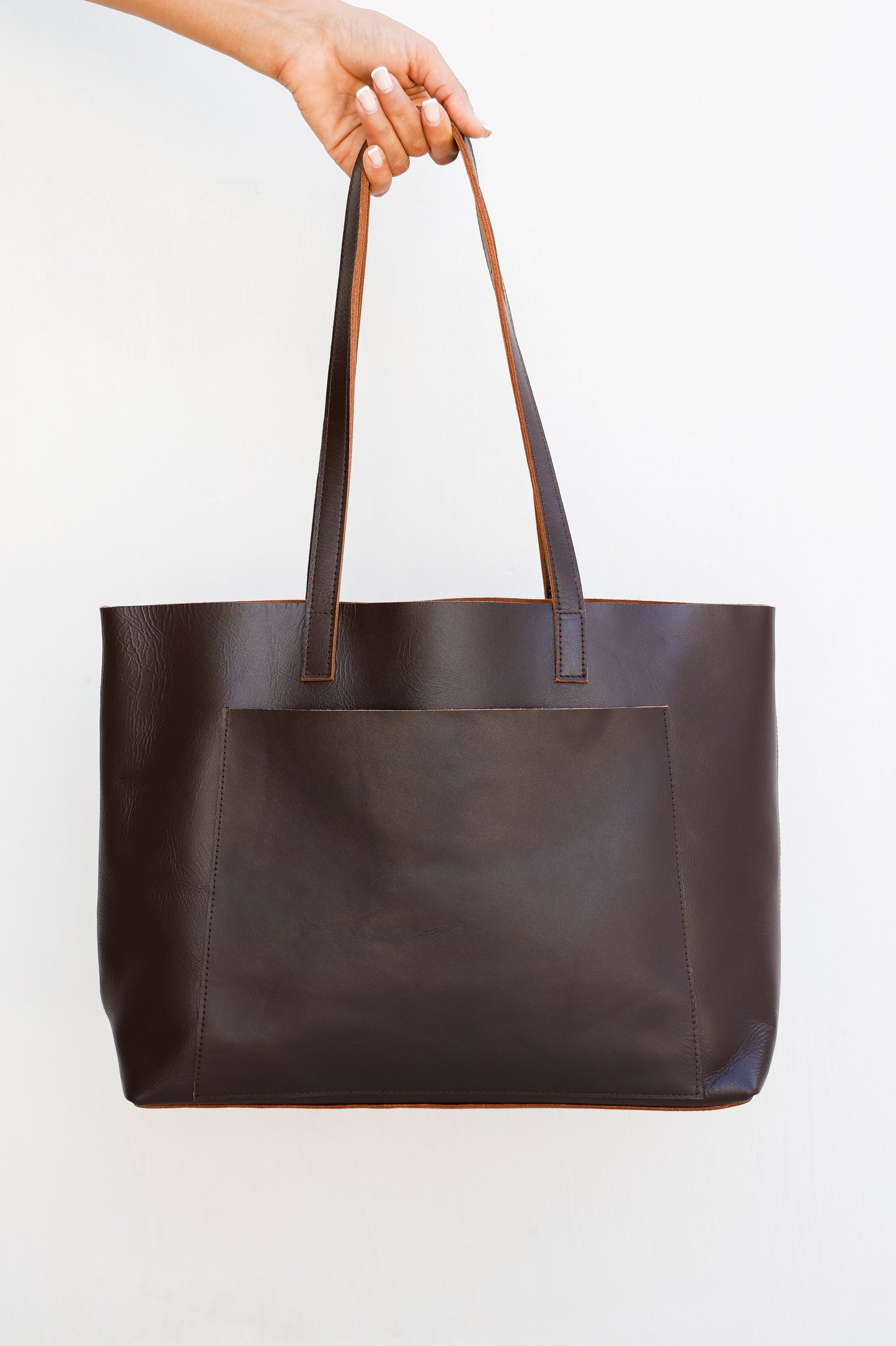 Handmade Leather Tote Bag – Large Cowhide Shoulder Bag with Pocket