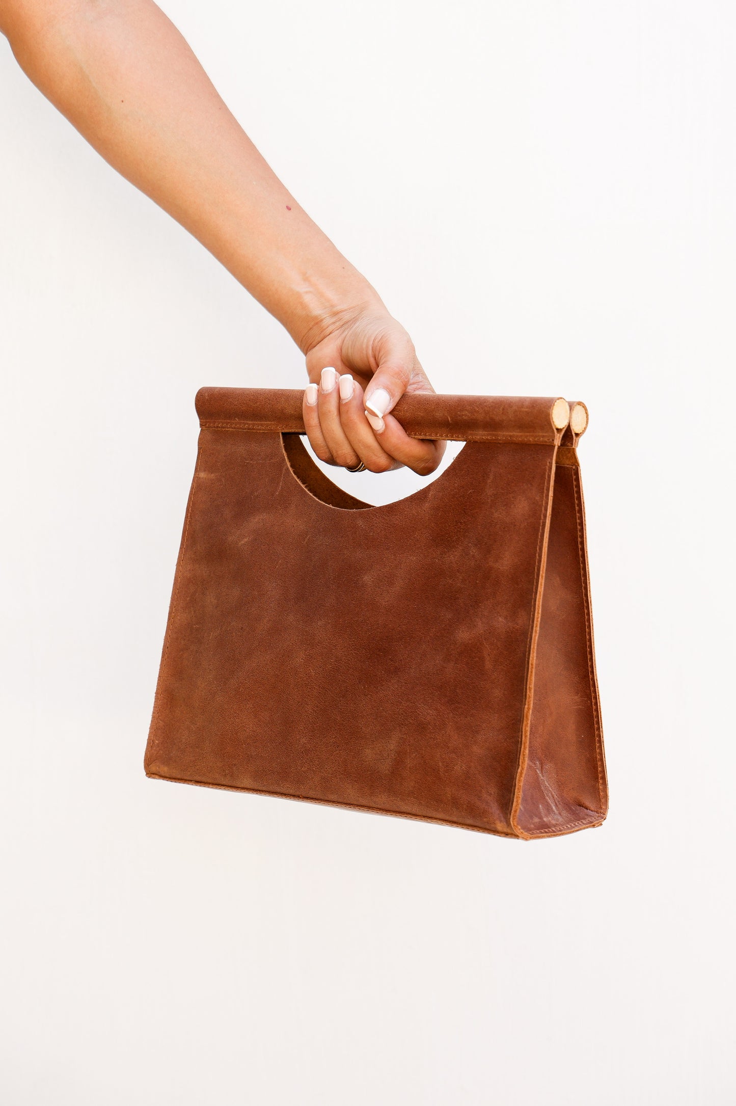 Minimalist Leather Clutch with Wooden Handle – Soleh | Handmade Cowhide Bag | Black or Brown