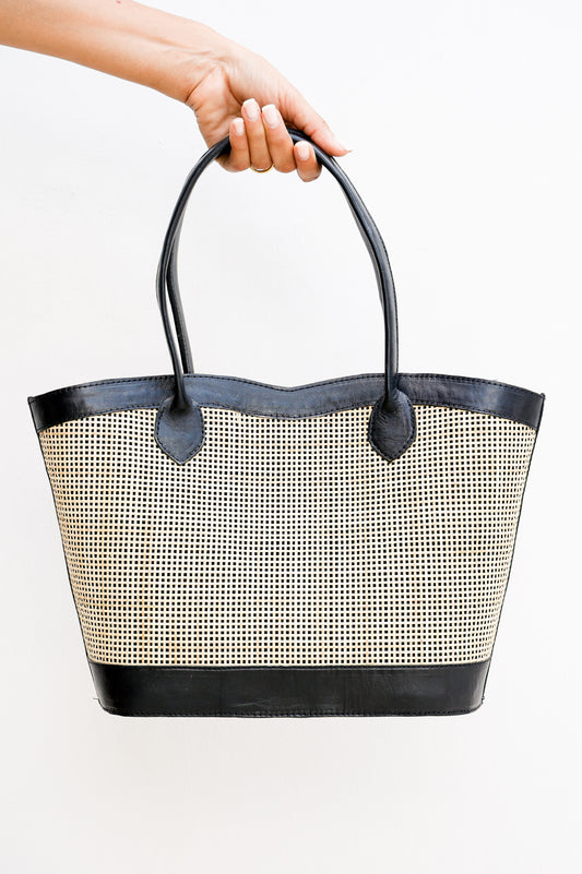 Genova Leather Handbag | Genuine Cowhide Leather & Rattan, Stylish Crossbody with Top Handles