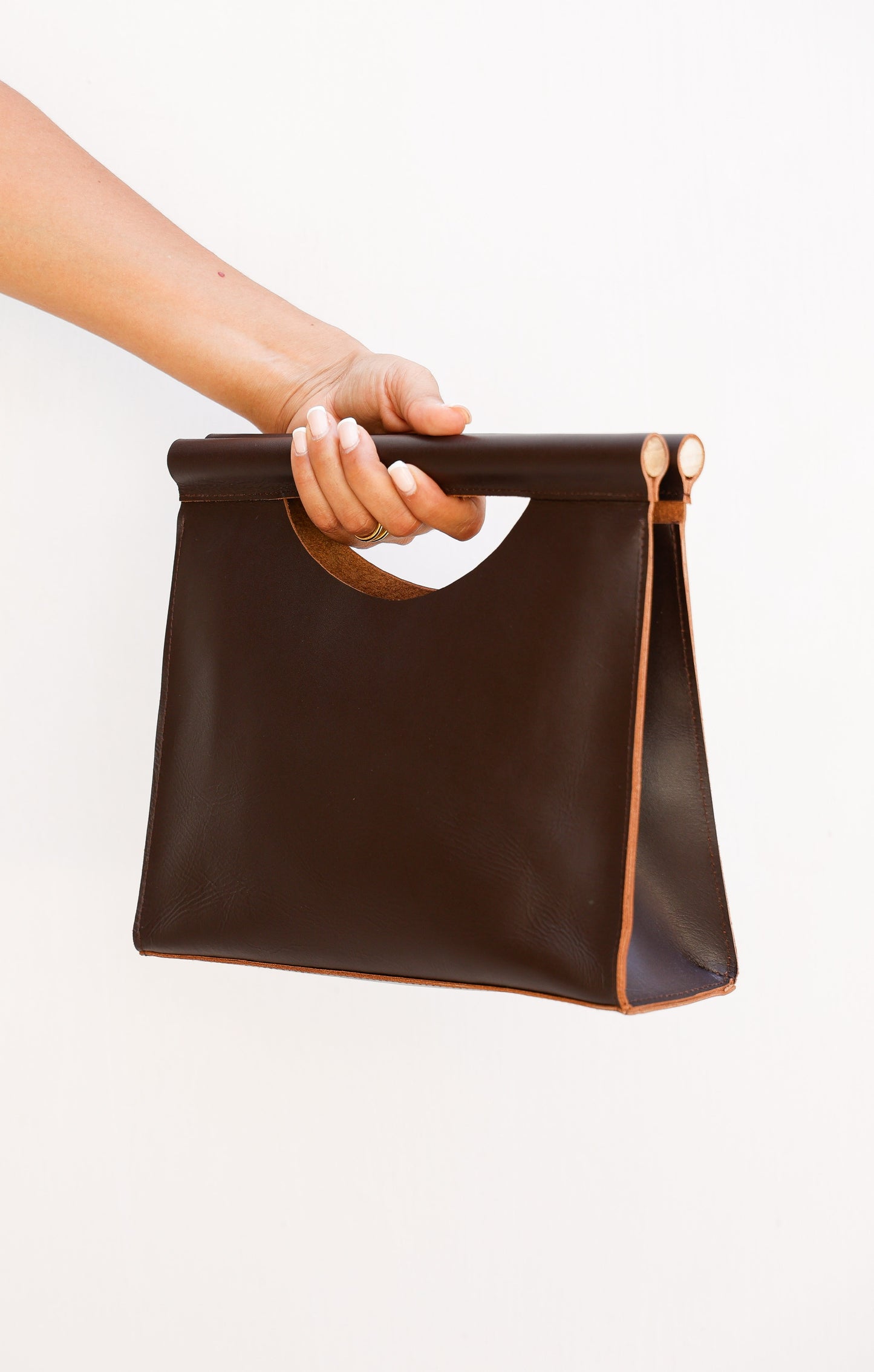 Minimalist Leather Clutch with Wooden Handle – Soleh | Handmade Cowhide Bag | Black or Brown