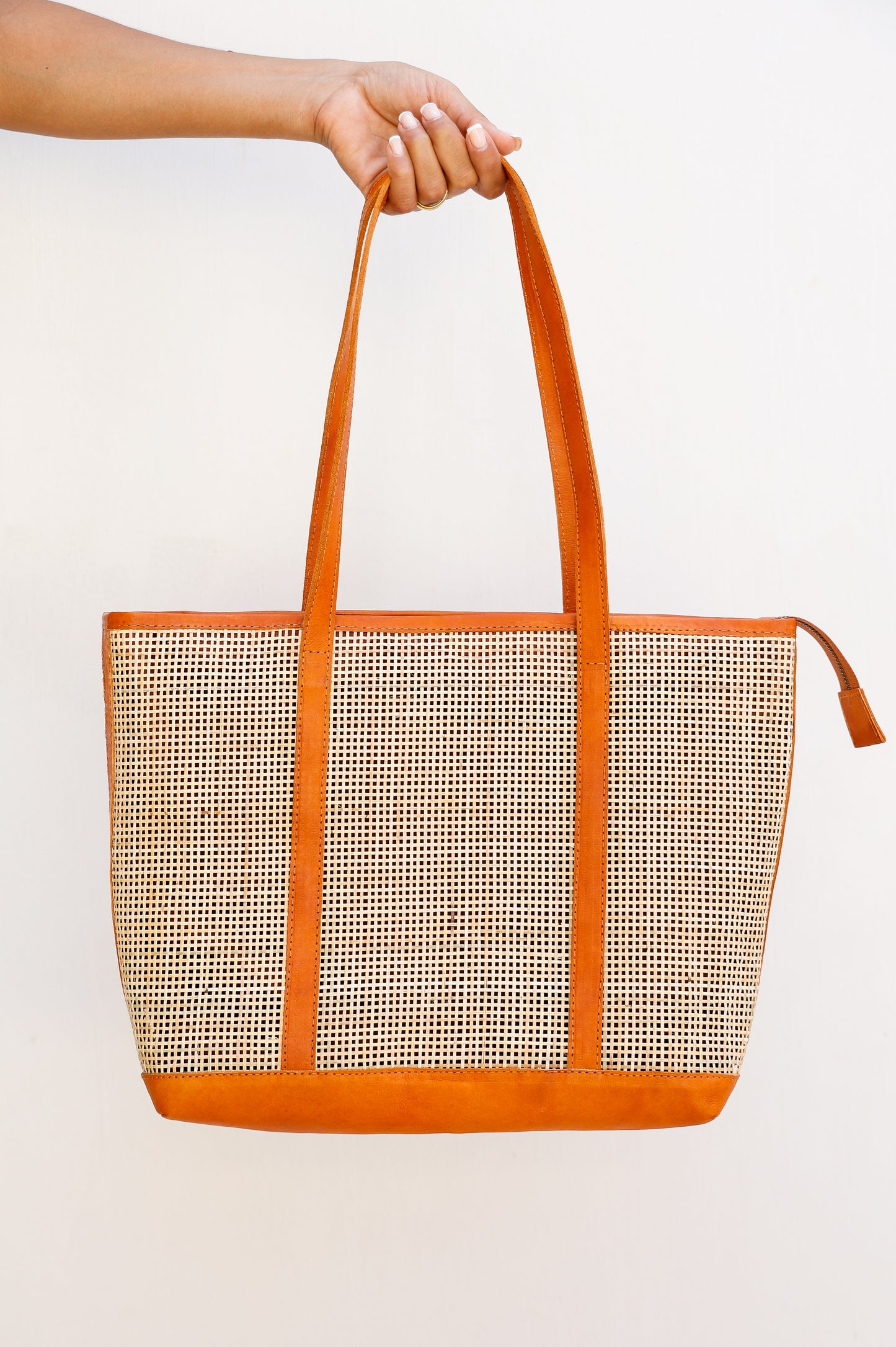 Handcrafted Rattan Tote Bag | Tan Leather & Natural Rattan | Capri