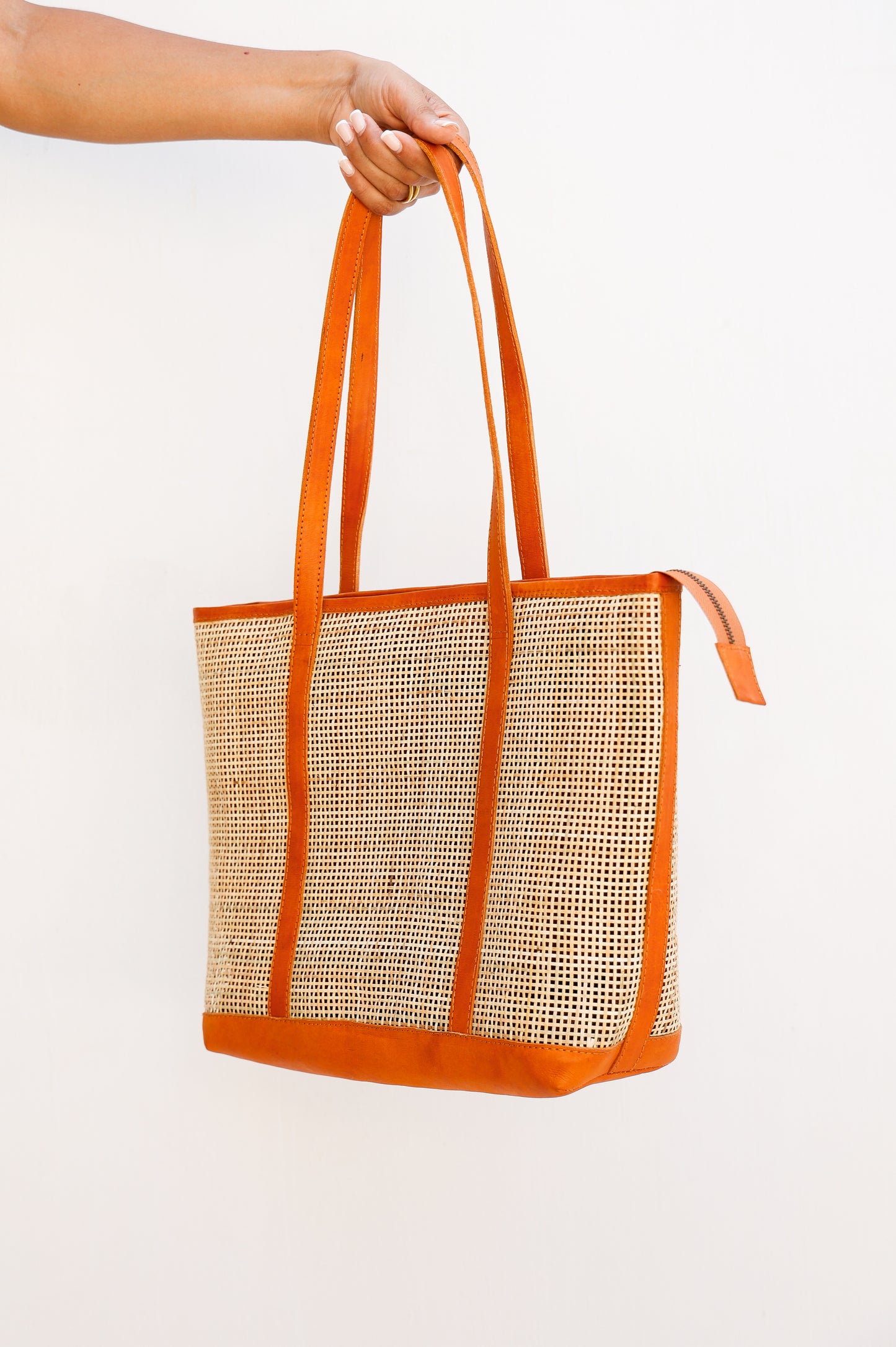 Handcrafted Rattan Tote Bag | Tan Leather & Natural Rattan | Capri