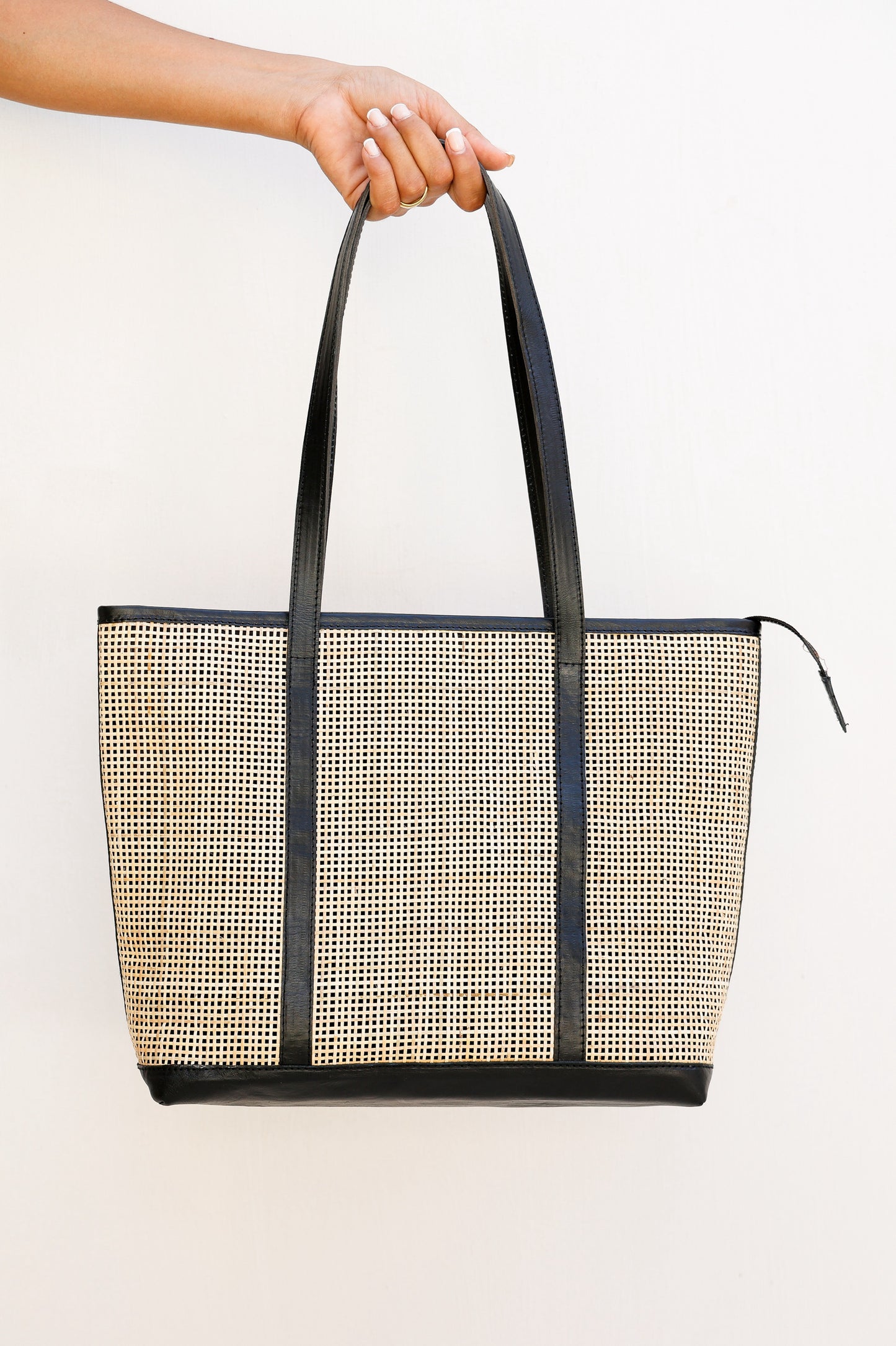 Handcrafted Rattan Tote Bag | Tan Leather & Natural Rattan | Capri
