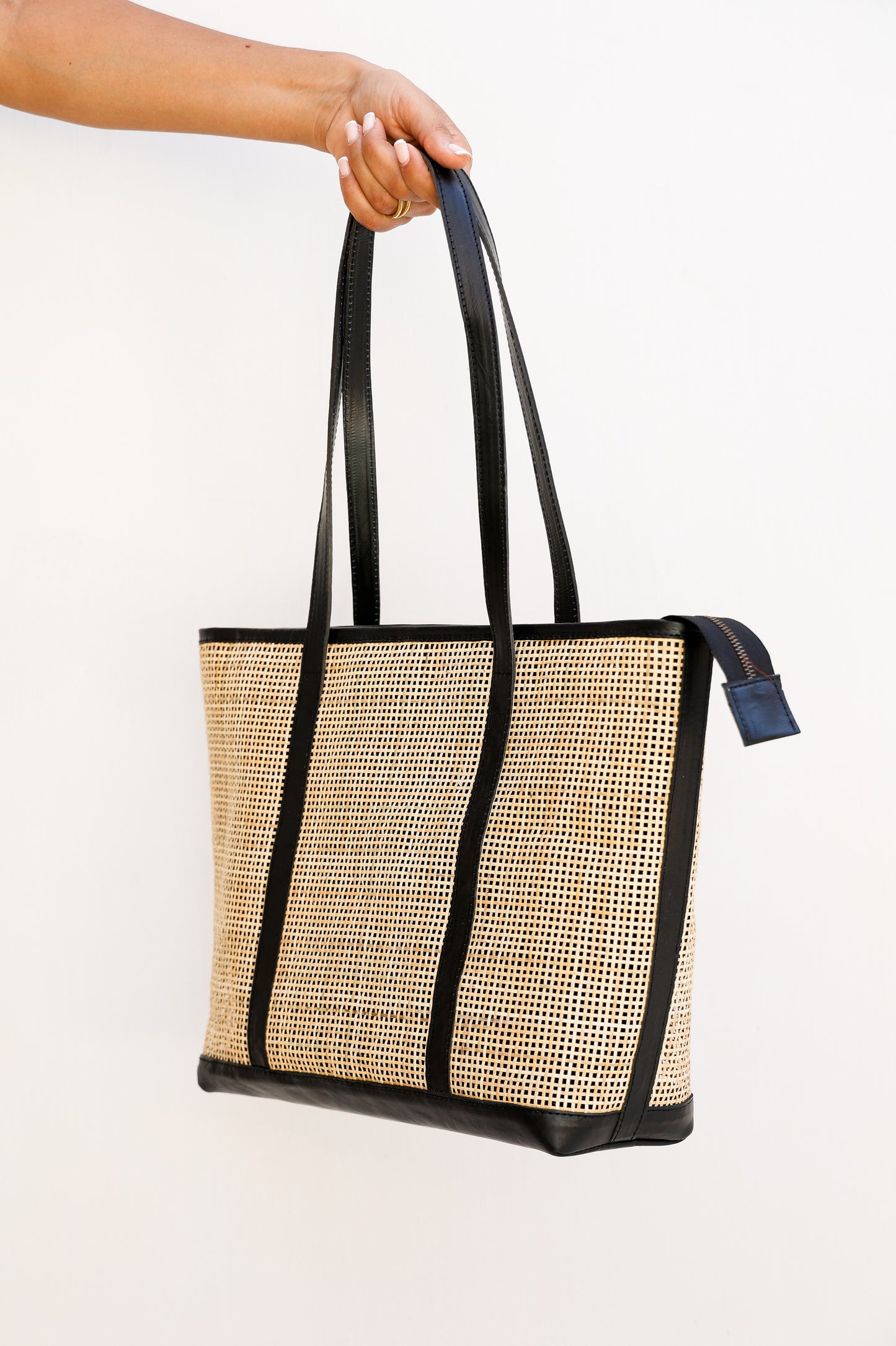 Handcrafted Rattan Tote Bag | Tan Leather & Natural Rattan | Capri